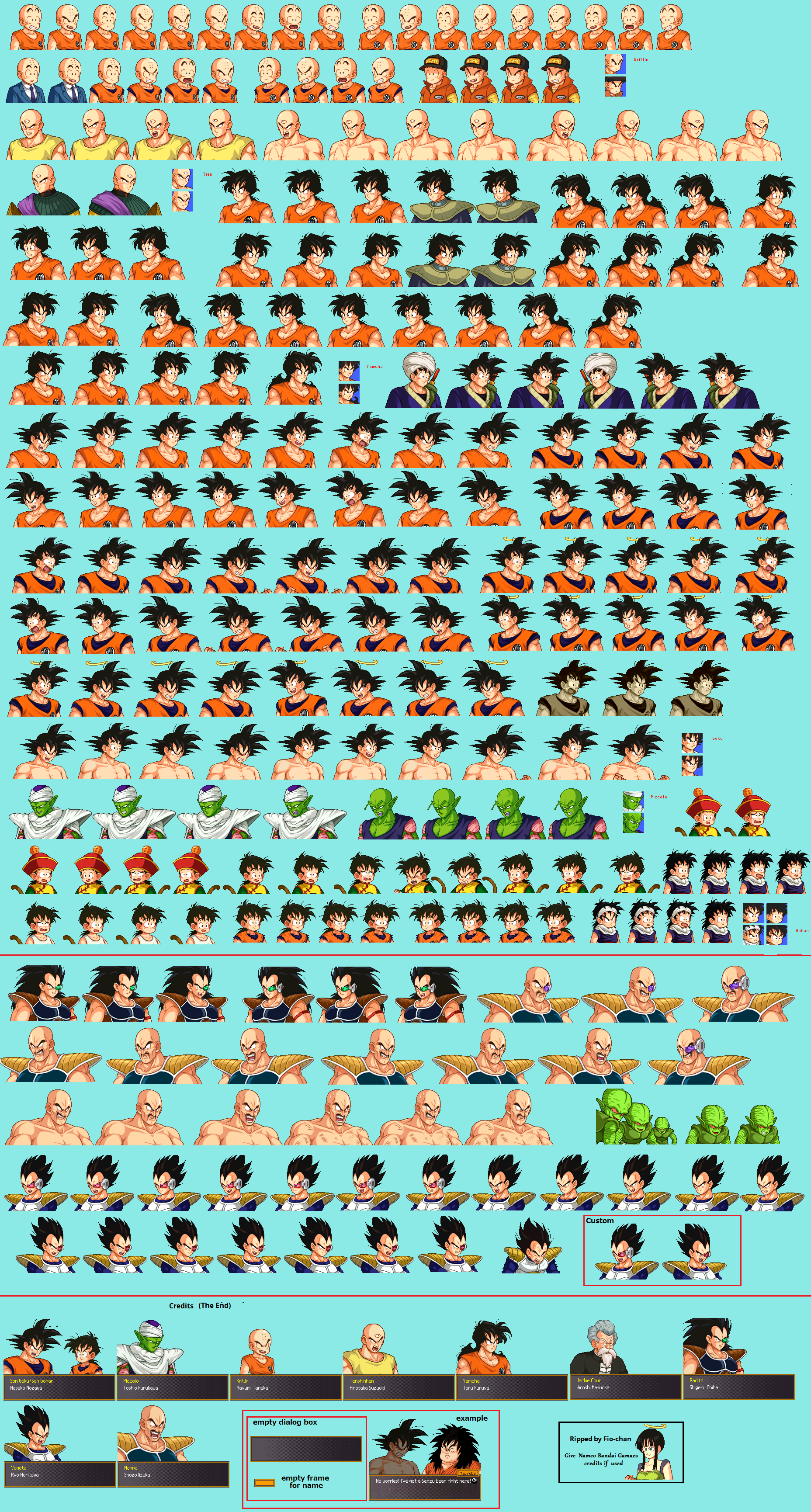 Dragon Ball Z Attack of the Saiyans Nintendo DS character mugshot portraits of Goku, Vegeta, Piccolo, and the cast with matching frames and expression variants