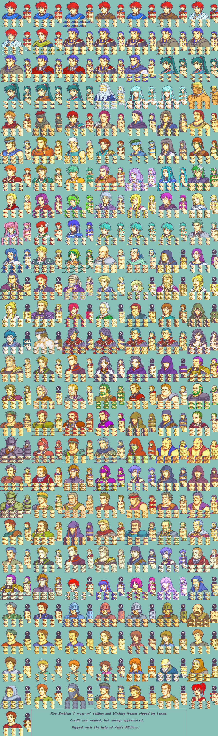 Fire Emblem: The Blazing Blade Game Boy Advance character mugshot portraits of the cast with matching frames and expression variants