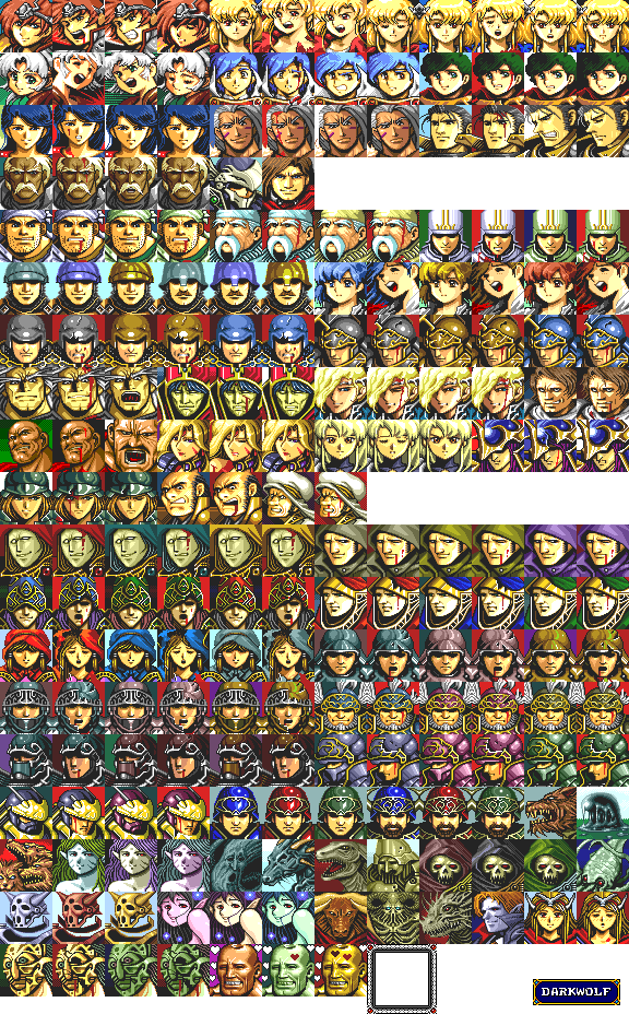Langrisser II Sega Genesis dialogue portraits with expression variants across a large cast of knights, mages, and monsters