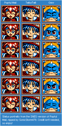 Popful Mail SNES status portraits of Mail, Tatto, and Gaw with vibrant colors and white highlight sparkles