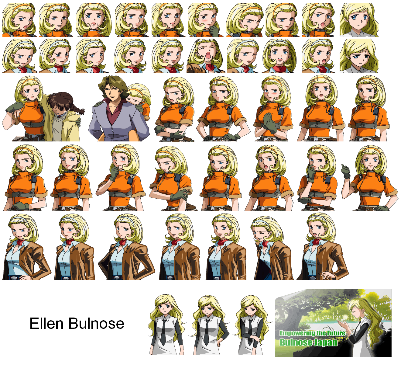 Robot Alchemic Drive PlayStation 2 polished pixel portraits of Ellen Bulnose with dialogue and pose variants