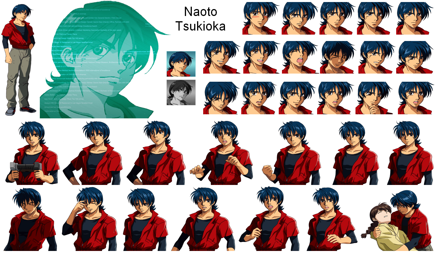 Robot Alchemic Drive PlayStation 2 polished pixel portraits of Naoto Tsukioka with dialogue and pose variants