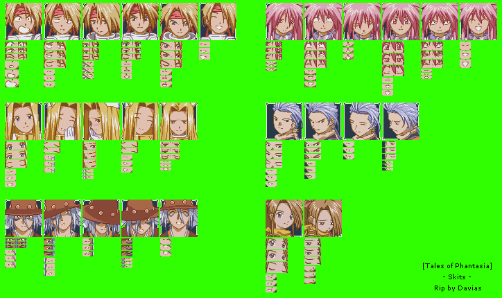 Tales of Phantasia PlayStation skit portraits of Cress, Arche, Mint, Chester, Claus, and Suzu with eye and mouth animation tiles