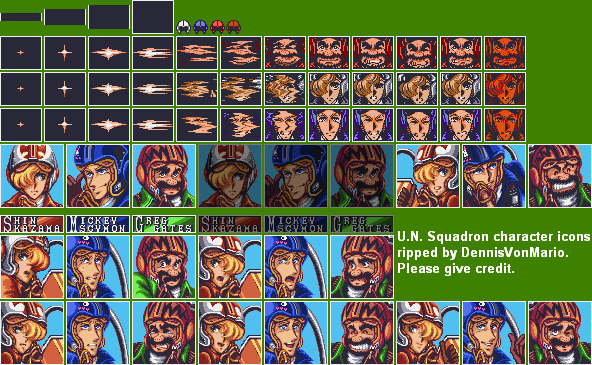 U.N. Squadron SNES character portraits and icons showing Shin Kazama, Mickey Scymon, and Greg Gates with multiple facial expressions