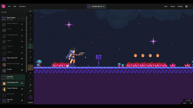 Pointer tool selecting layers by hover and resizing a stage in Manabit